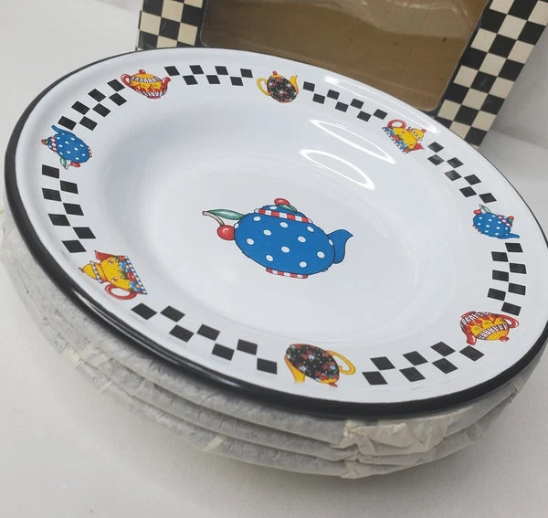 Vtg Mary Engelbreit Enamel Teapot Plate Set 4 Salad Dessert Plates Box New