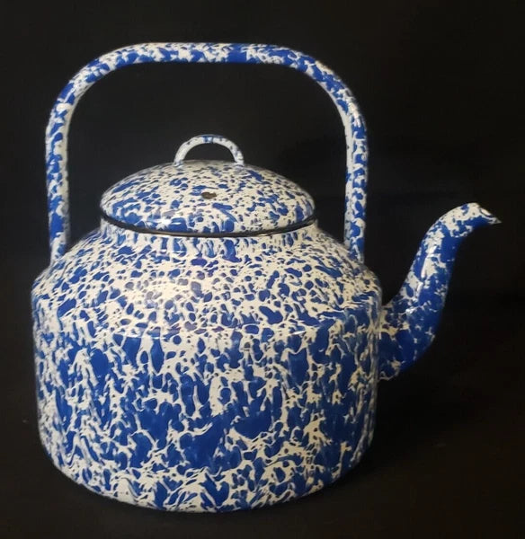 Vintage Enameled Ware Blue White Splatter Tea Kettle