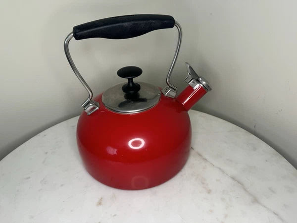 Chantal Whistling Tea Kettle Pot Red Enamel Steel Brushed Stainless Lid 2 Qt