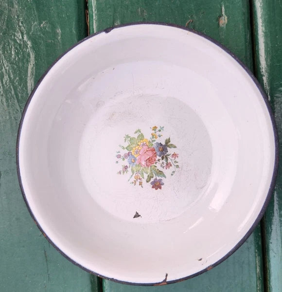 Vintage White Enamelware Kettle, Coffee Pot w/Glass Top w/lids & Flowery Bowl