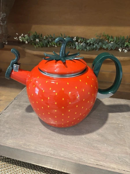 Vtg 90s Copco Strawberry Tea Kettle Enamel Whistling Complete 2.5Qt Cottage Core
