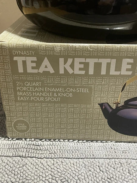 Vintage Eppicure Essentials Black Enamel Tea Kettle Brass Handle  Modern MCM New