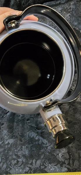 Vintage powder blue  Enamel Tea Kettle with Black Handles Chrome Trim New Stored