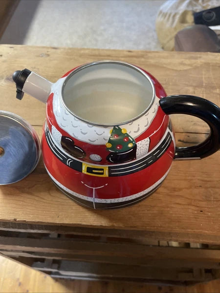 ROSCHO Jolly Santa Claus Enamel Whistling Tea Pot Kettle Holiday 3 Qt Christmas