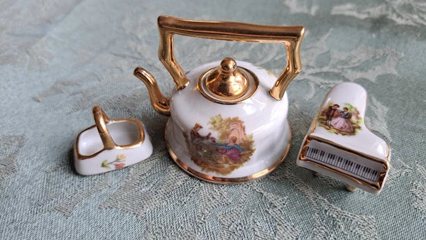 VTG Limoges France Lot Miniature Teapot Courting Couple Porcelain Piano, Basket