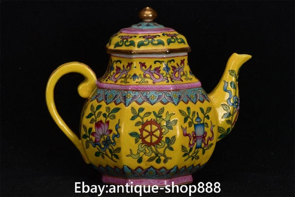 China Yellow Glaze Colour Enamel Porcelain Gilt 8 Auspicious Symbol Kettle Pot