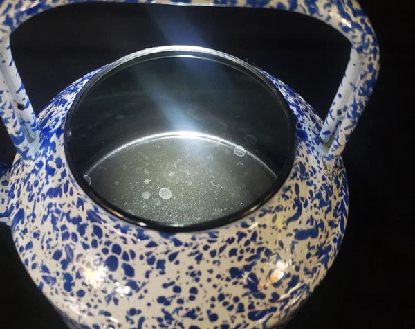 Vintage Enameled Ware Blue White Splatter Tea Kettle