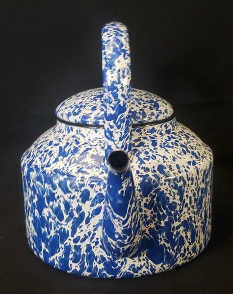 Vintage Enameled Ware Blue White Splatter Tea Kettle