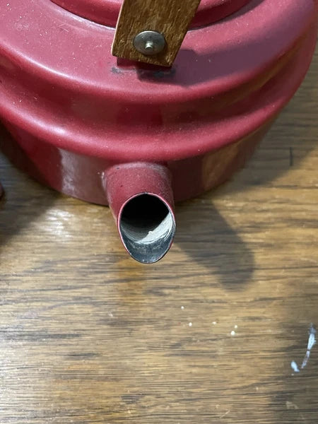 Vintage Retro Red Enameled steel Tea Kettle Pot Wood Handles & Knob 1QT