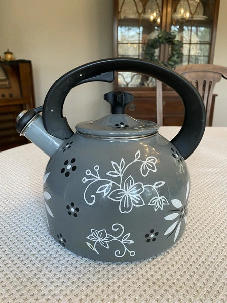 Temptations 2.3-qt Enamel on Steel Classic Tea Kettle Old World Grey Black White