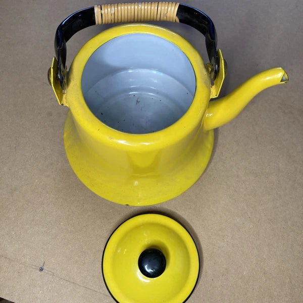 Vintage Yellow Enamelware Teapot Kettle Bamboo Wrapped Handle Japan MCM Retro