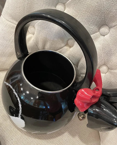 Black Cat Teapot ~ Whistling Kitty Tea Kettle ~ Baked Enamel ~ Ancona ~ Vintage