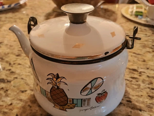 Georges Briard Vtg Coffee Tea Pot Enamel Mid Century Pineapple Apple Leaf