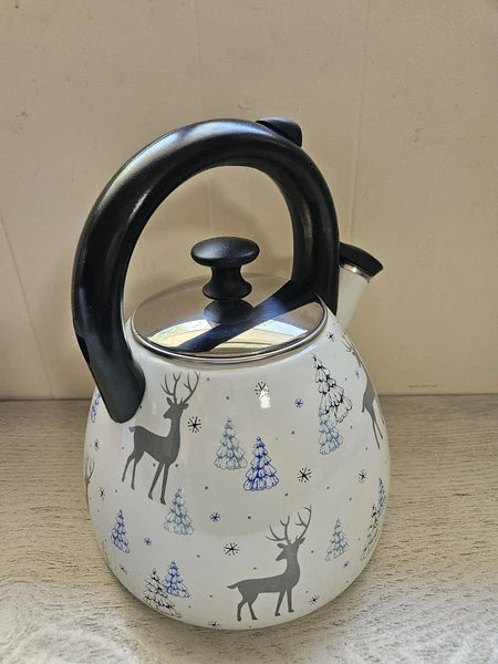 Temp-Tations 2.6 Qt Enamel on Steel Teapot Reindeer Snowy Winter Tea Kettle NEW