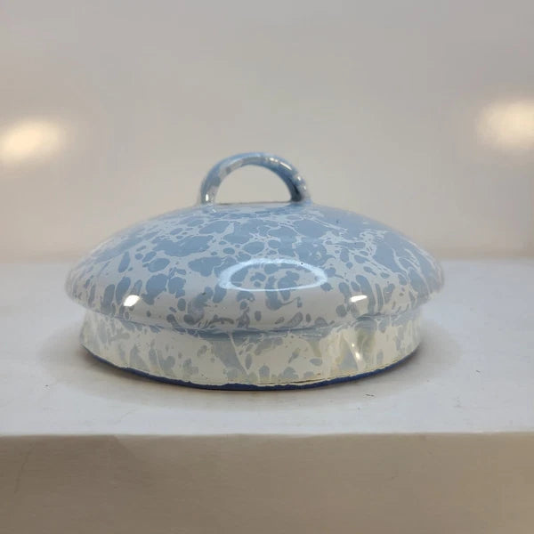 Blue & White Enamel Spatterware Swirl "Country Kitchen" Tea Kettle 7" Dia 8" T