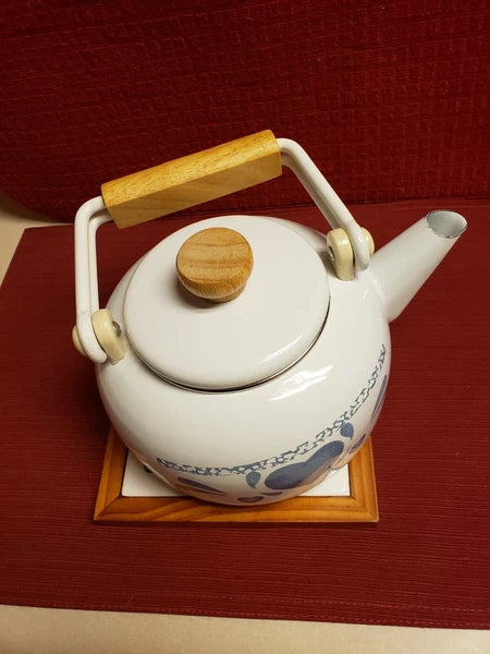 Vintage 80's Jay White Enamel Tea Kettle With Trivet Blue Hearts
