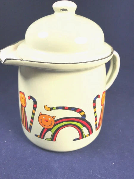 Checklasavakian? Prague Children’s Or Small Enamel Teapot 2 Cups Cats Rainbows