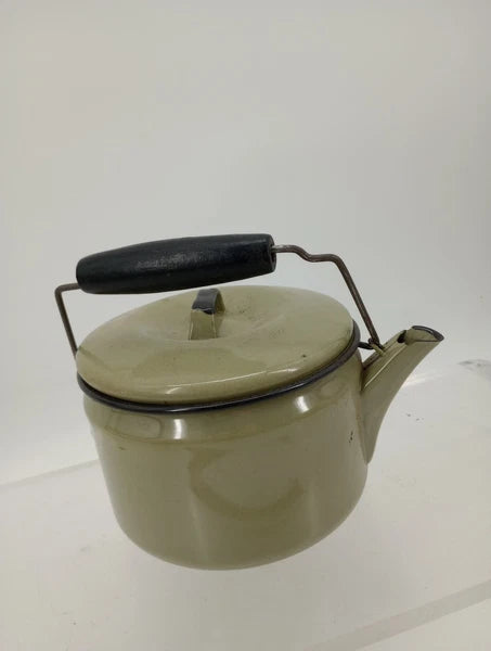 Vtg Avocado Green Enamelware Teapot Wire Bale Wood Handle  Farmhouse Primitive