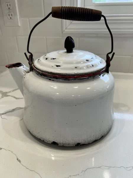 VTG Enamelware Tea Kettle Very Rustic W/Vintage Charm Whitewash/ Red Trim