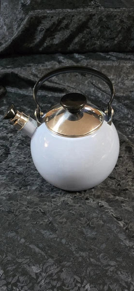 Vintage powder blue  Enamel Tea Kettle with Black Handles Chrome Trim New Stored