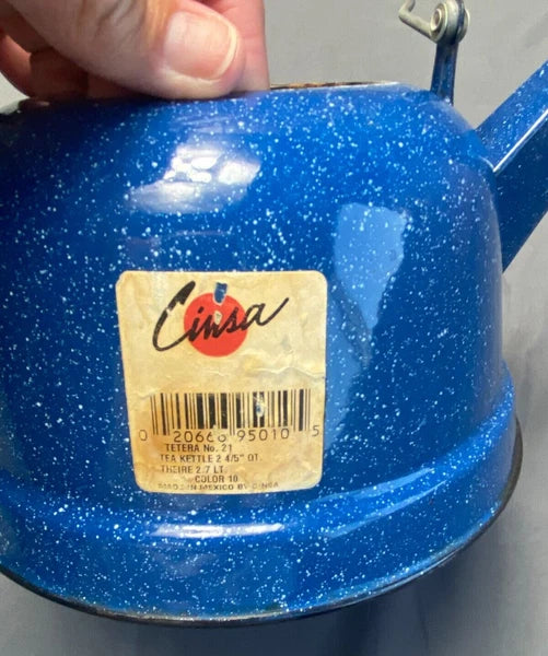 Vintage Cinsa Enamelware Blue Speckled Teapot Camping Country Kitchen Farm House