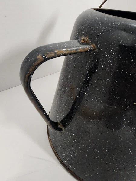 Vintage Enamelware Coffee Tea Pot, Camping Kettle Black Speckled 8” Tall No Lid