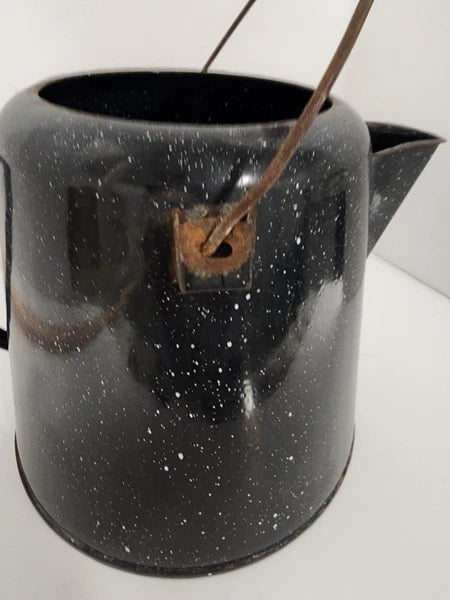 Vintage Enamelware Coffee Tea Pot, Camping Kettle Black Speckled 8” Tall No Lid