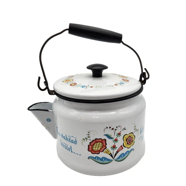Swedish Scandinavian Tea pot Berggren Enamelware Rosemaling Folk Art Vintage