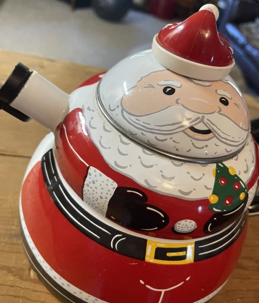 ROSCHO Jolly Santa Claus Enamel Whistling Tea Pot Kettle Holiday 3 Qt Christmas
