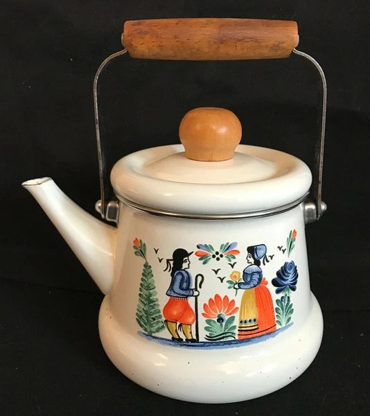 Unusual Quimper Enamel Tea Kettle,Tea Pot  French Peasants, Wood & Metal Handle