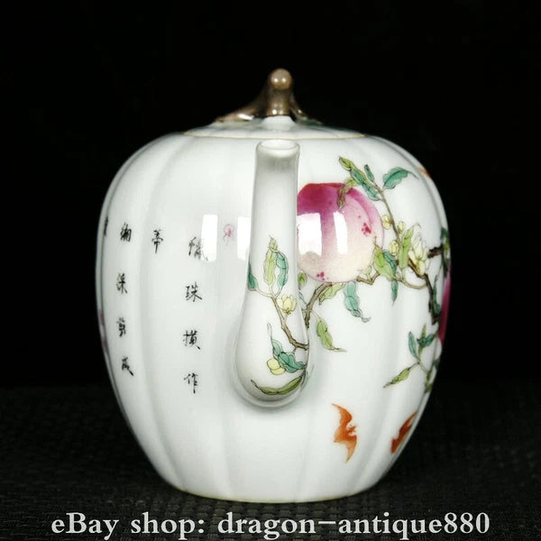 6.2" Qianlong Marked Enamel Colour Porcelain Fo Shou Peach Wine Tea Pot Flagon