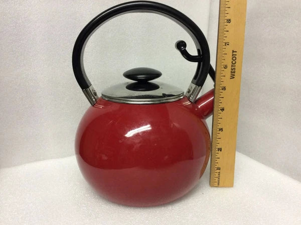 Vintage  Round Red Enamel Tea Kettle - USED