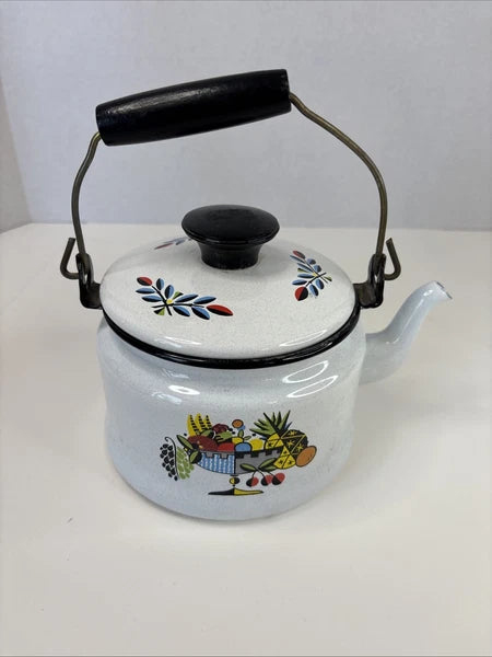 VTG White ENAMEL TEA KETTLE Colorful Fruit Bowl Decoration Wire & Wood Handle