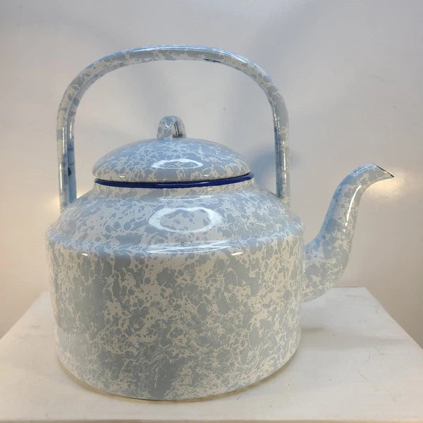 Blue & White Enamel Spatterware Swirl "Country Kitchen" Tea Kettle 7" Dia 8" T