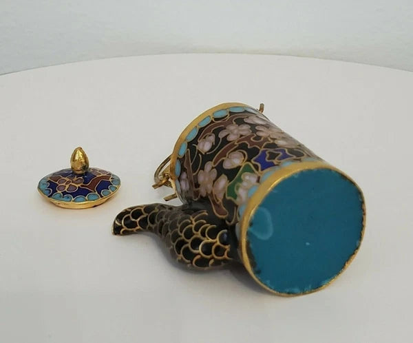 VTG CHINESE CLOISONNE BRASS AND ENAMEL BLACK MINIATURE TEAPOT