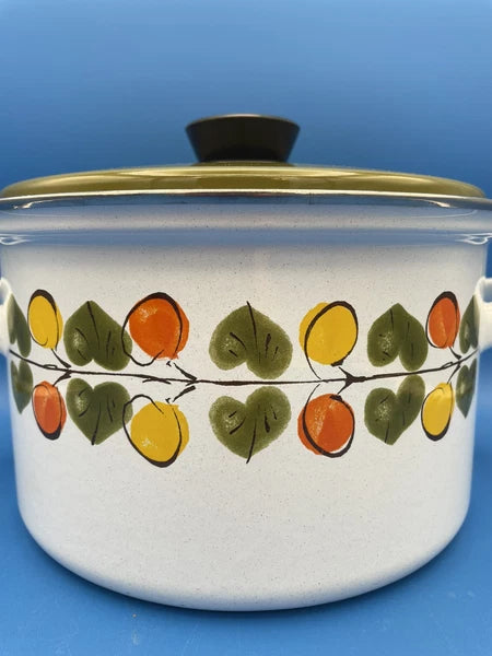 Vintage Enamel Large 9" Pot and Lid Lemon Orange Leaves Austria Email MCM