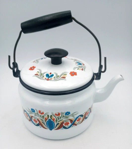 Vintage Berggren Swedish Folk Art  Enamelware Floral Handled Tea Pot Tea Kettle