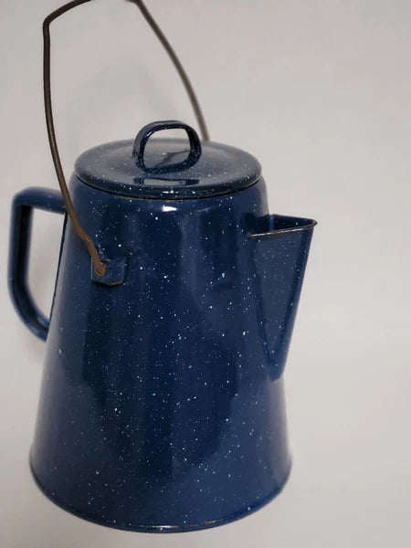 Vintage Blue Speckled Enamel Graniteware Cowboy Campfire Tea Pot with Spout Used