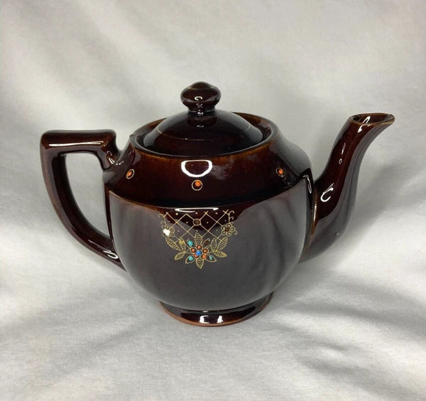 Vintage Brown Teapot Japan Moriage Enamel Dots Lattice Gold Trim 8"