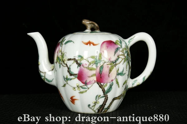 6.2" Qianlong Marked Enamel Colour Porcelain Fo Shou Peach Wine Tea Pot Flagon
