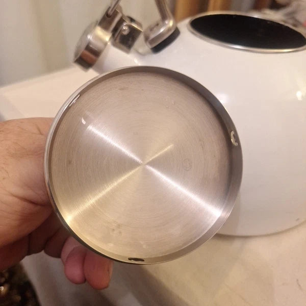 Kitchen Aid Enamel Whistling Tea Kettle Teapot White Chrome Trim 2Qt White Handl