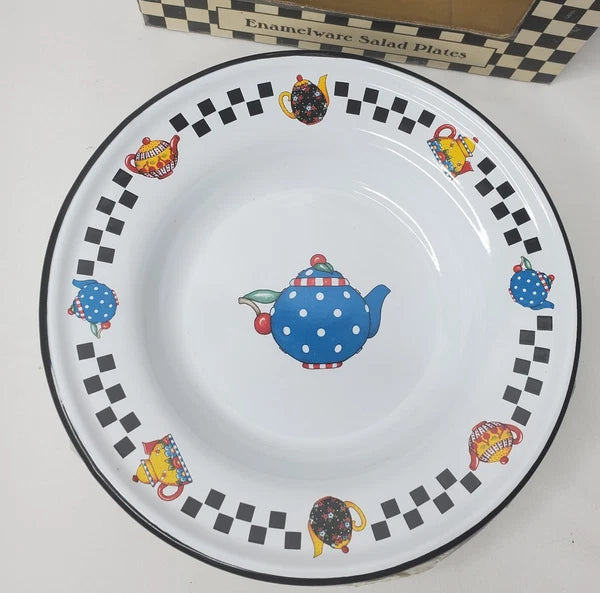 Vtg Mary Engelbreit Enamel Teapot Plate Set 4 Salad Dessert Plates Box New