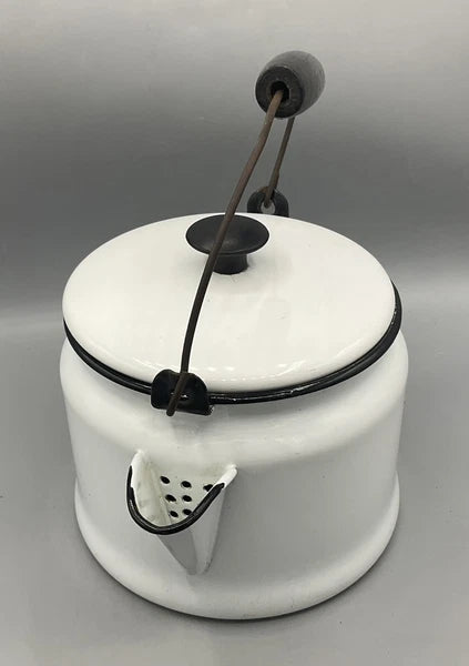 Vintage 64oz Enameled Ware Enamelware White & Black Trim Tea Water Kettle USA