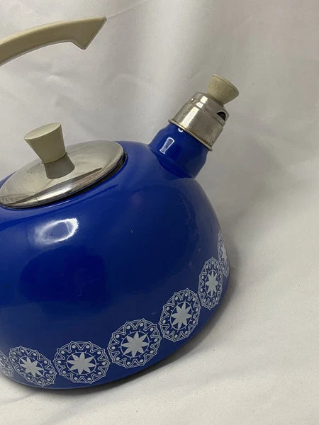 Retro 60s / 70s Blue Enamel Circle Star pattern tea kettle Stains Inside