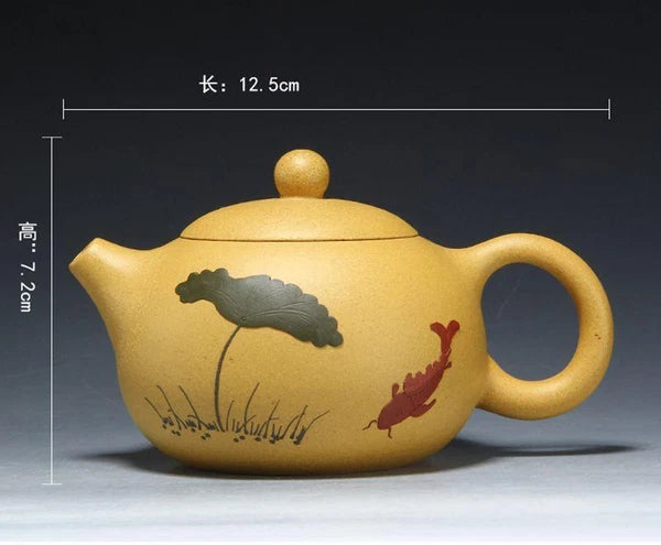 200ml Yixing Beauty Lotus fish Dark-red enameled pottery teapot