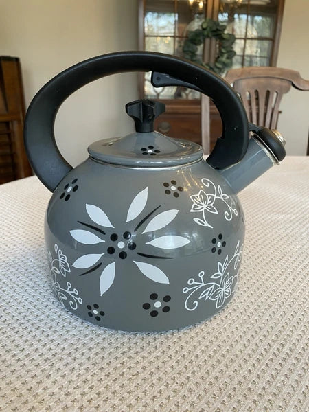 Temptations 2.3-qt Enamel on Steel Classic Tea Kettle Old World Grey Black White