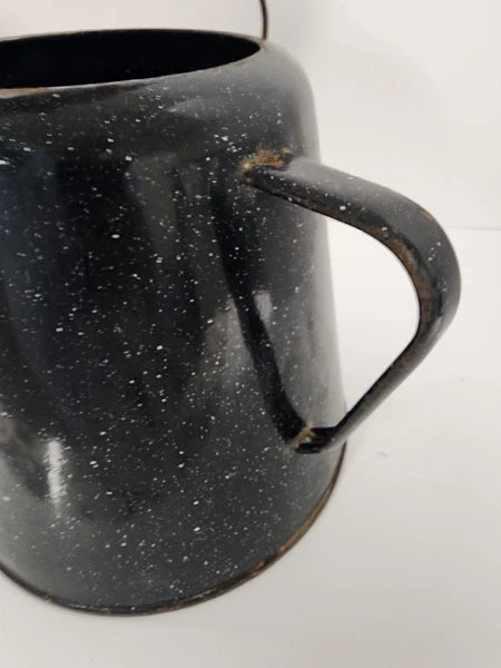 Vintage Enamelware Coffee Tea Pot, Camping Kettle Black Speckled 8” Tall No Lid
