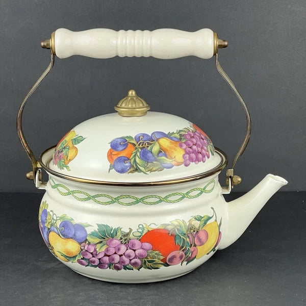 Vintage Lincoware Enamel Tea Kettle CORNUCOPIA Fruit Farmhouse Kitchen