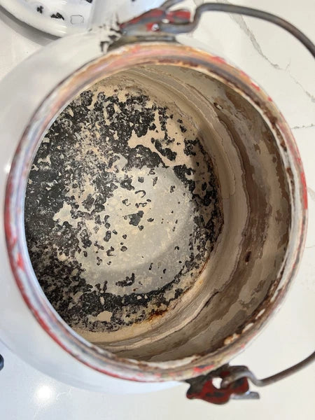 VTG Enamelware Tea Kettle Very Rustic W/Vintage Charm Whitewash/ Red Trim