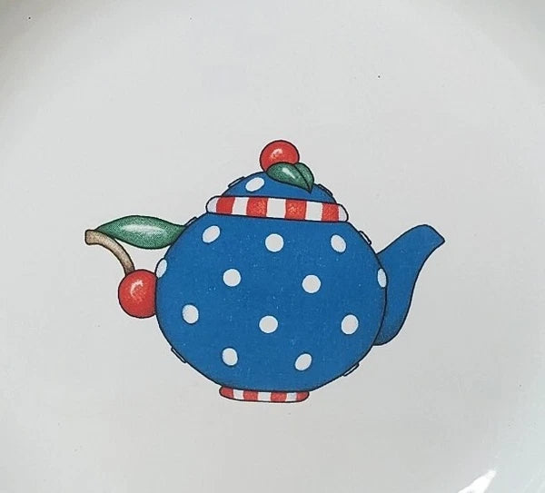Vtg Mary Engelbreit Enamel Teapot Plate Set 4 Salad Dessert Plates Box New